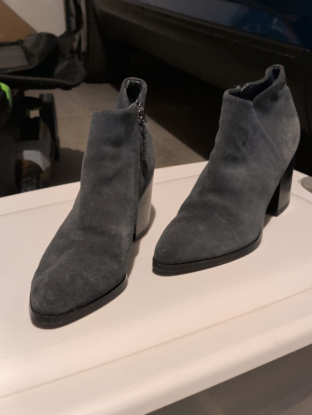 Marc Fisher Blue Suede Ankle Booties with Block Heel